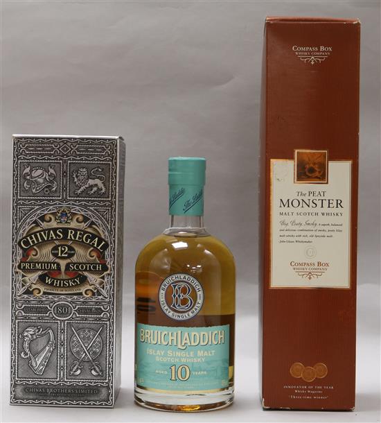 Compass Box The Peat Monster, malt Scotch whisky 46% abv, Chivas Regal 12 Yr old Scotch, Bruichladdich 10 year old Islay malt 46% abv